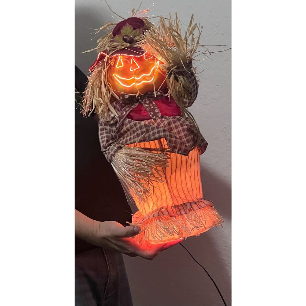 Vintage 18" Fiber Optic Fall Pumpkin Scarecrow Changing Color Halloween